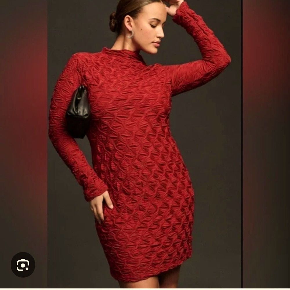 Anthropology Maeve Burgundy, Long Sleeve Scrunch Textured Dress